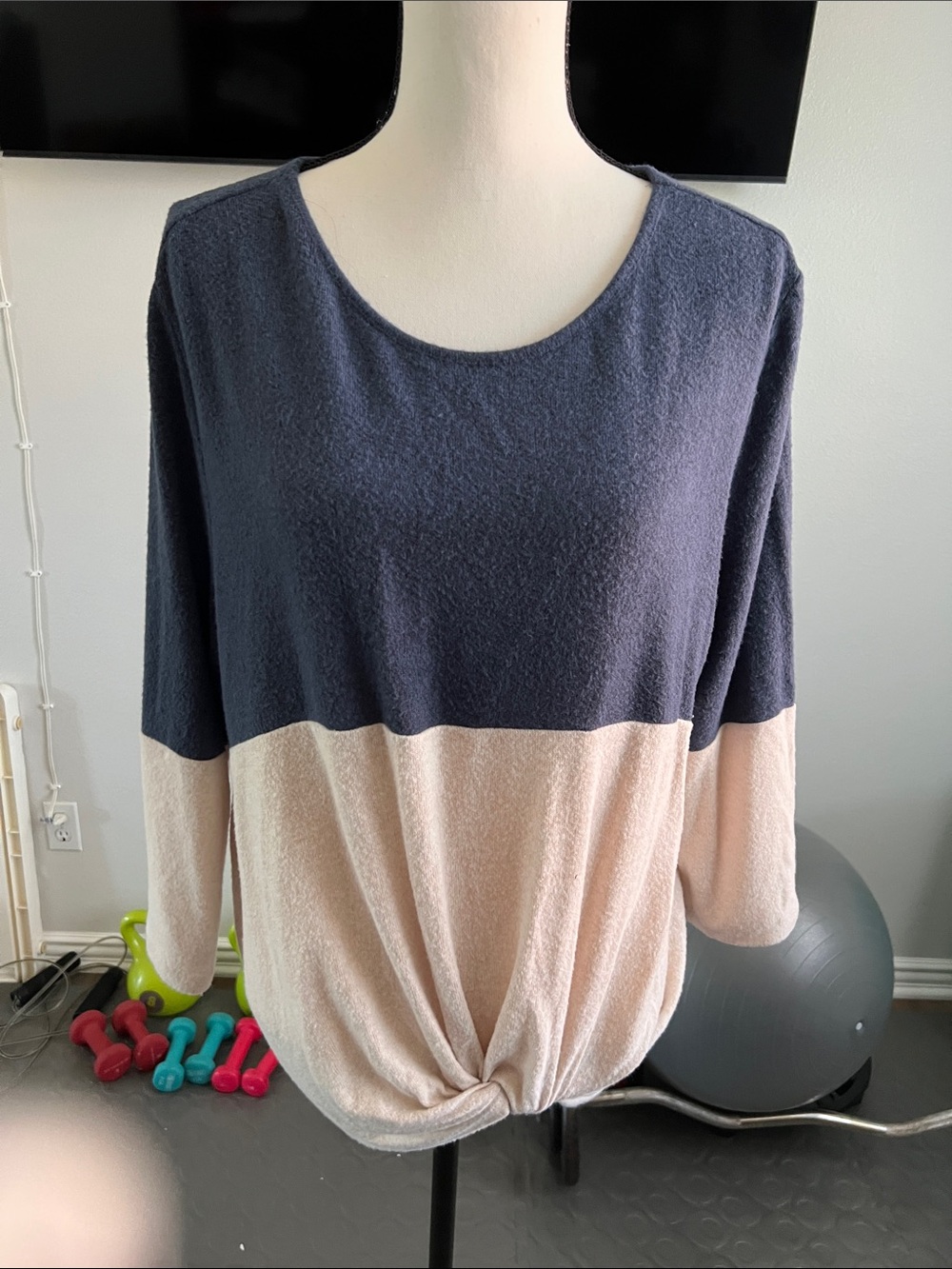 Two-Tone Navy and Cream Knot Hem Women's Top